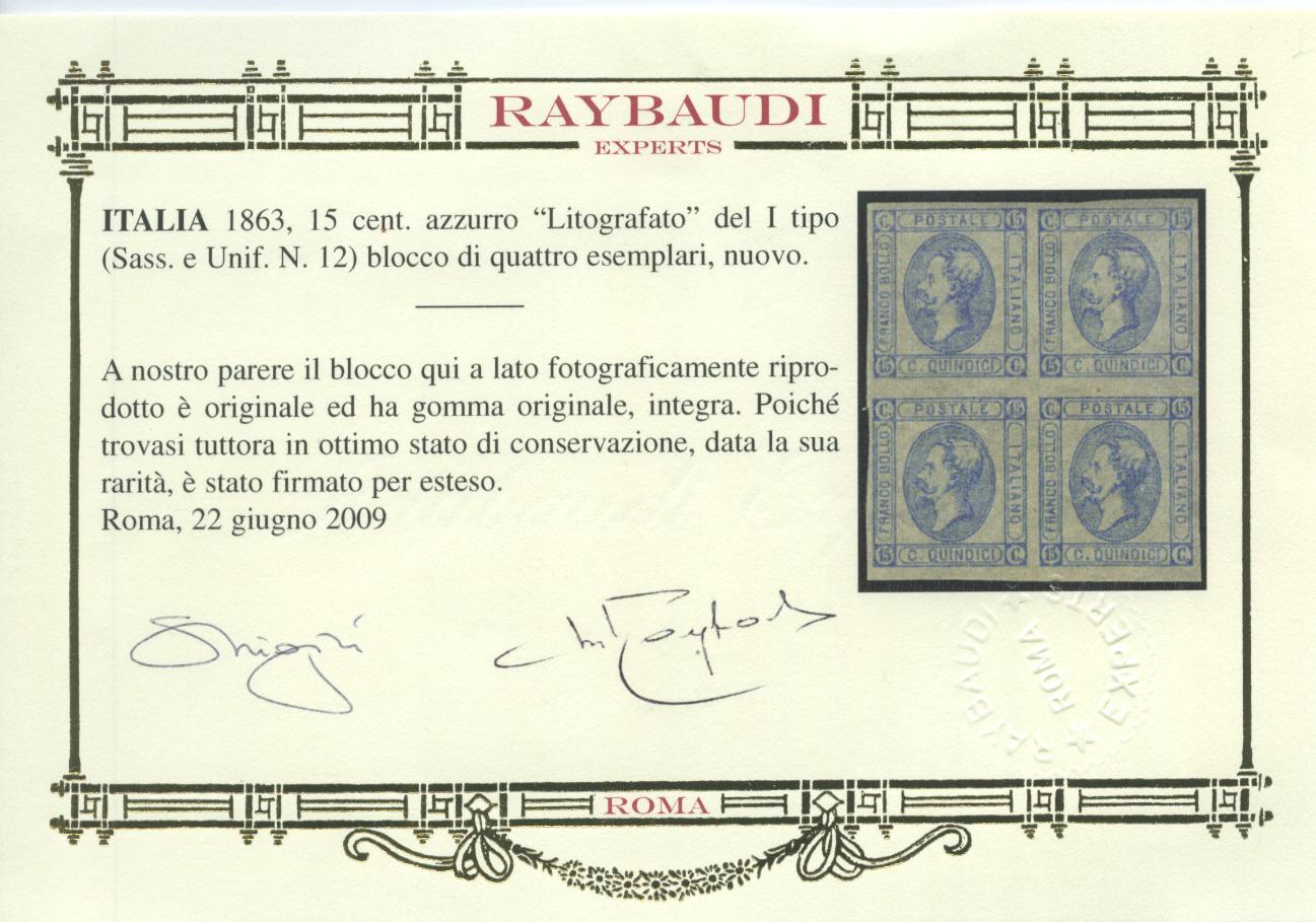 Scansione lotto: REGNO 1863 15C. I TIPO QUARTINA ** LUSSO CERT.