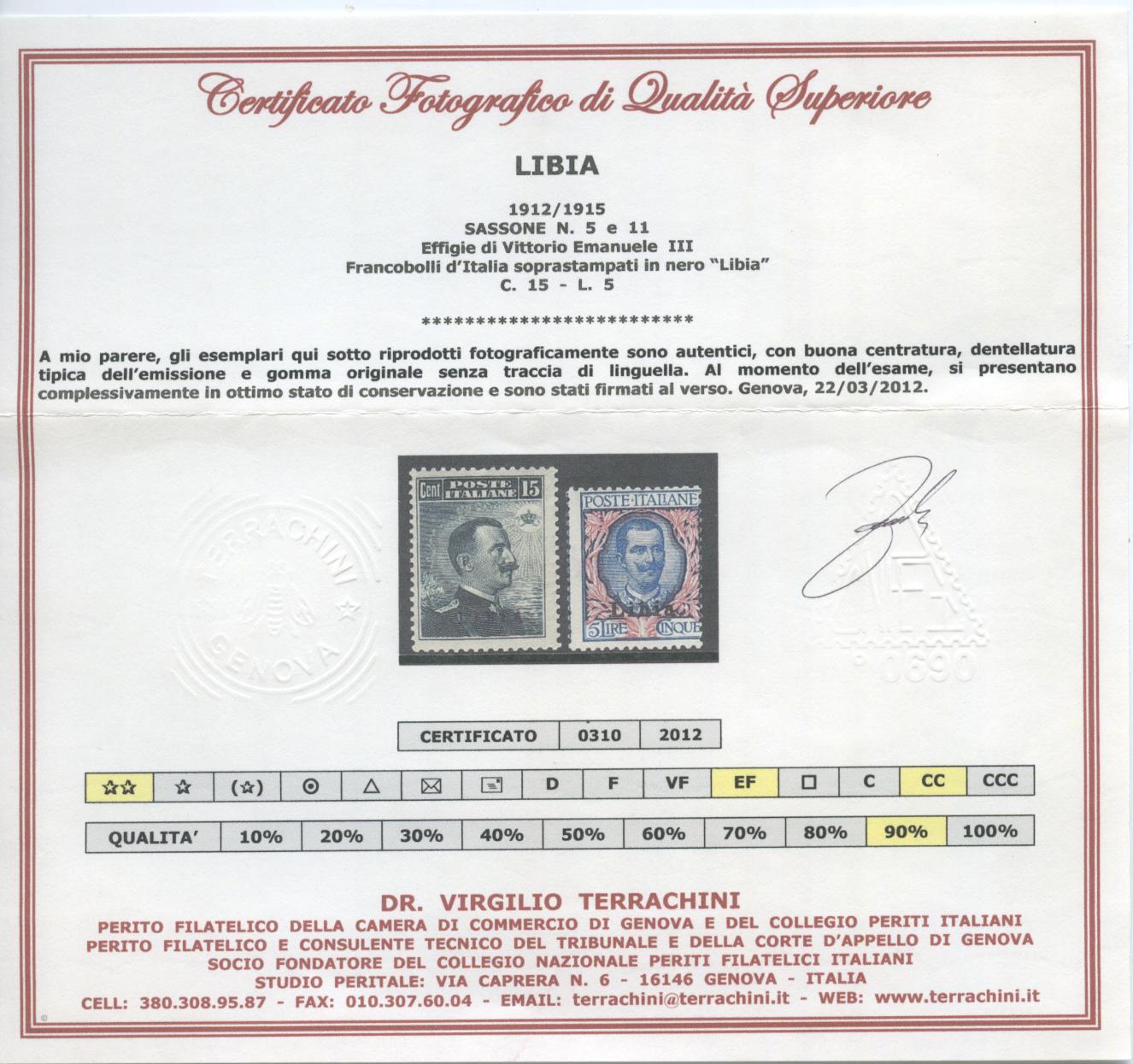 Scansione lotto: COLONIE LIBIA 1912/5 SOVR. 12V. **  CERT.