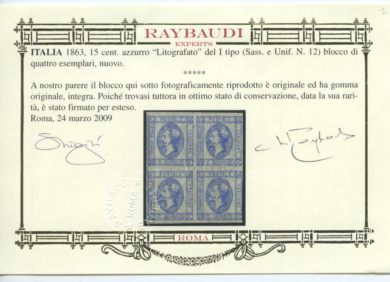 Scansione lotto: REGNO 1863 15C. I TIPO QUARTINA 2 **  CERT.