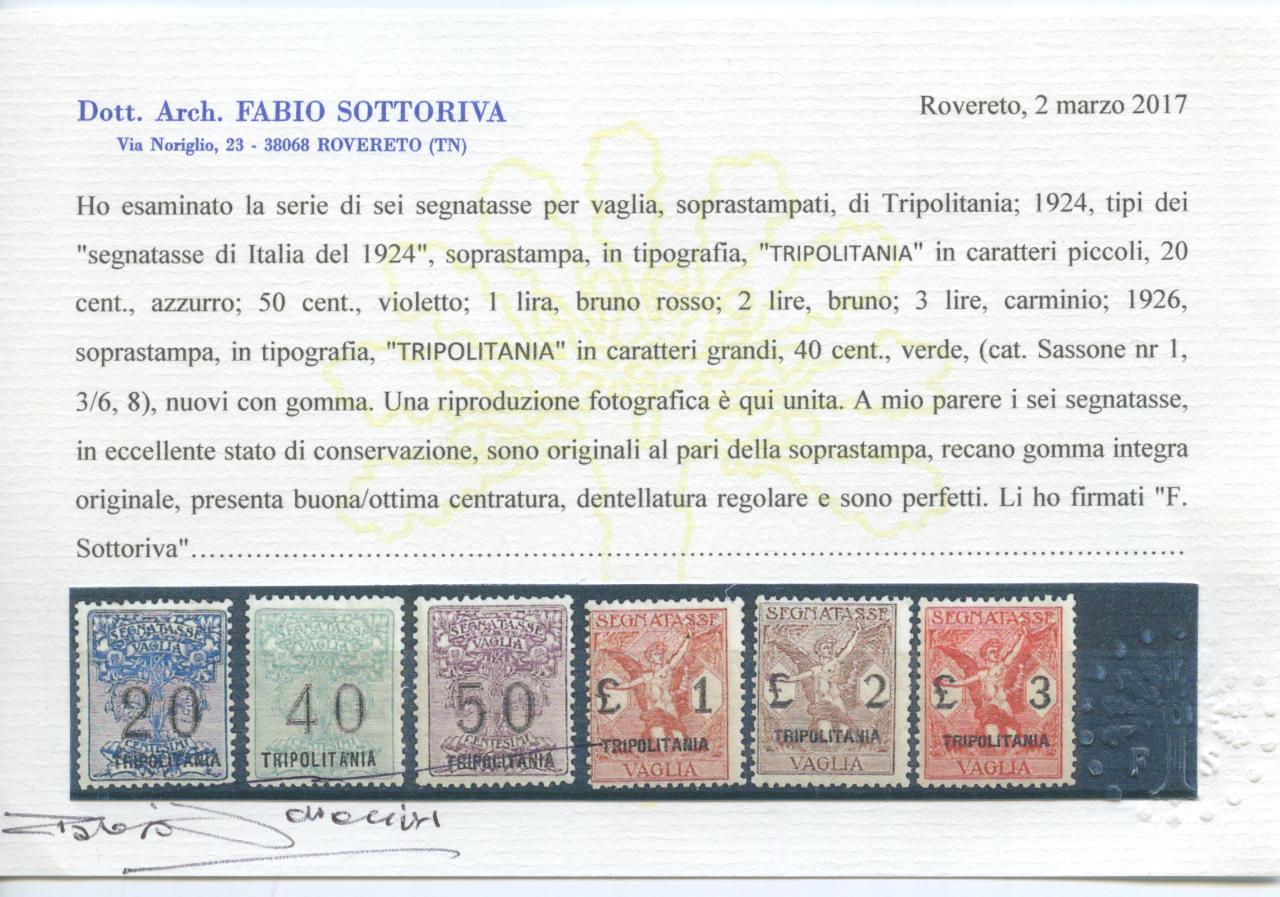 Scansione lotto: COLONIE TRIPOLITANIA 1924/6 VAGLIA 6V.mista 4 **  CERT.