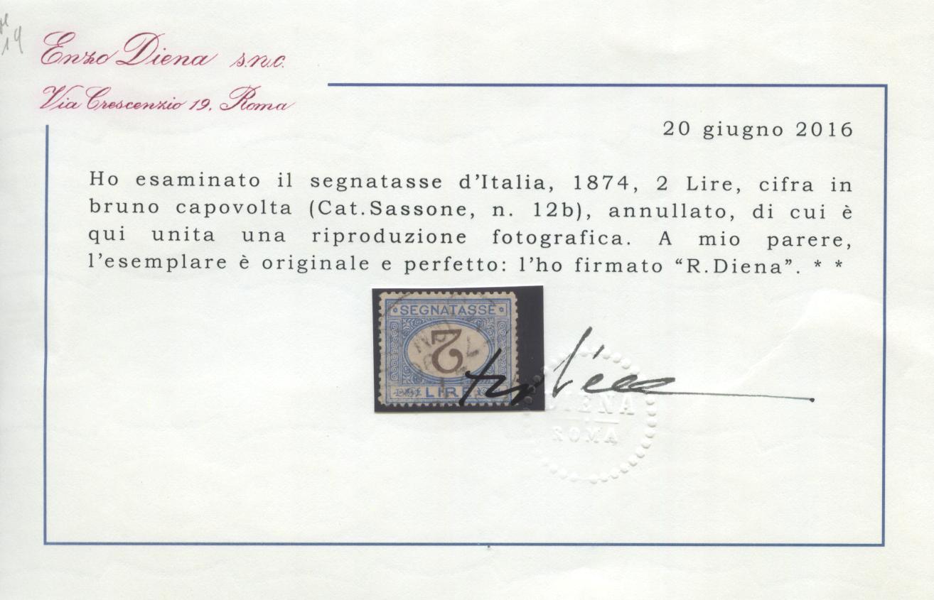 Scansione lotto: REGNO 1870 TASSE L.2 BRUNO ROVESCIATO US.  CERT.