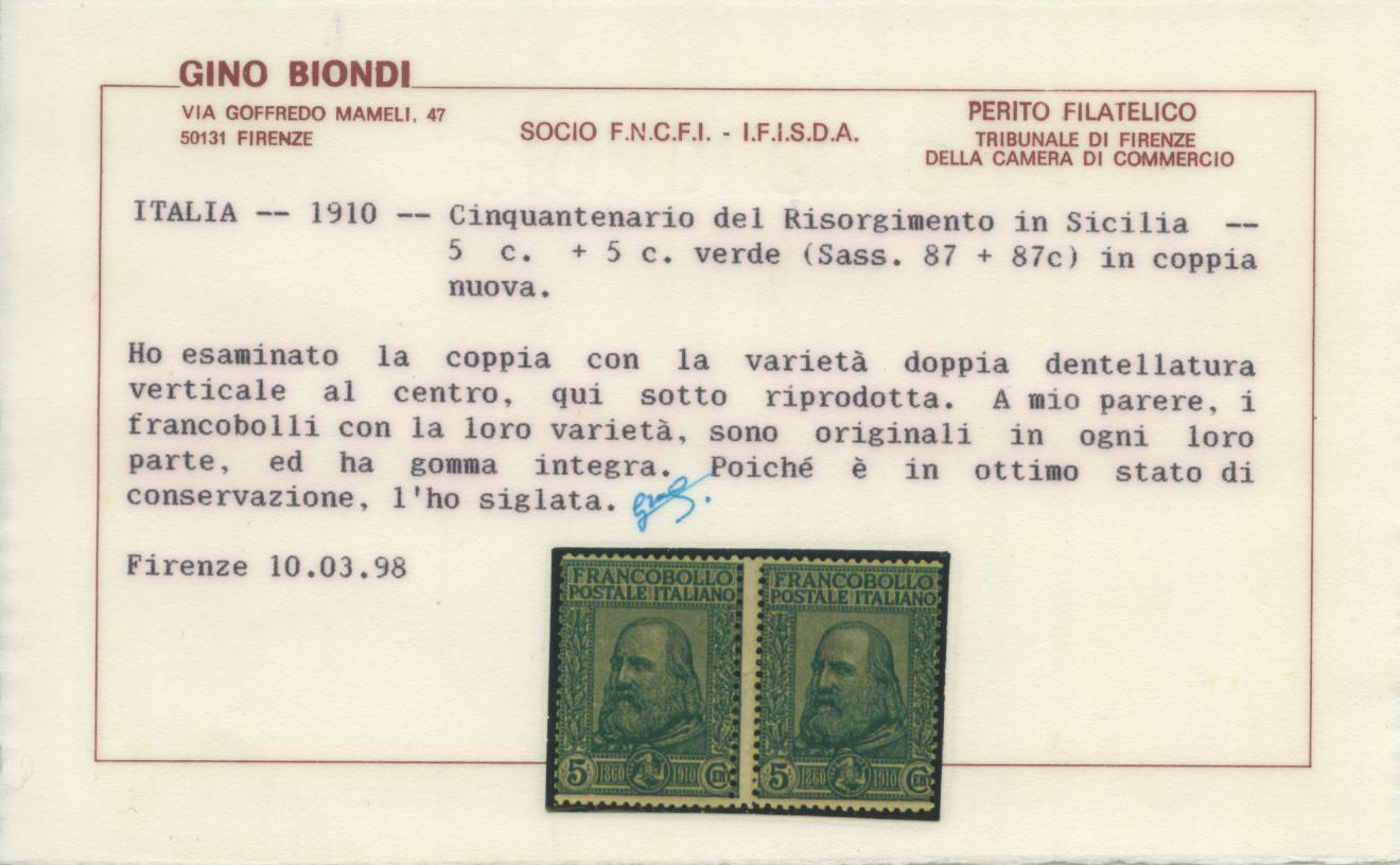 Scansione lotto: REGNO 1910 GARIBALDI COPPIA VARIETA' **  CERT.