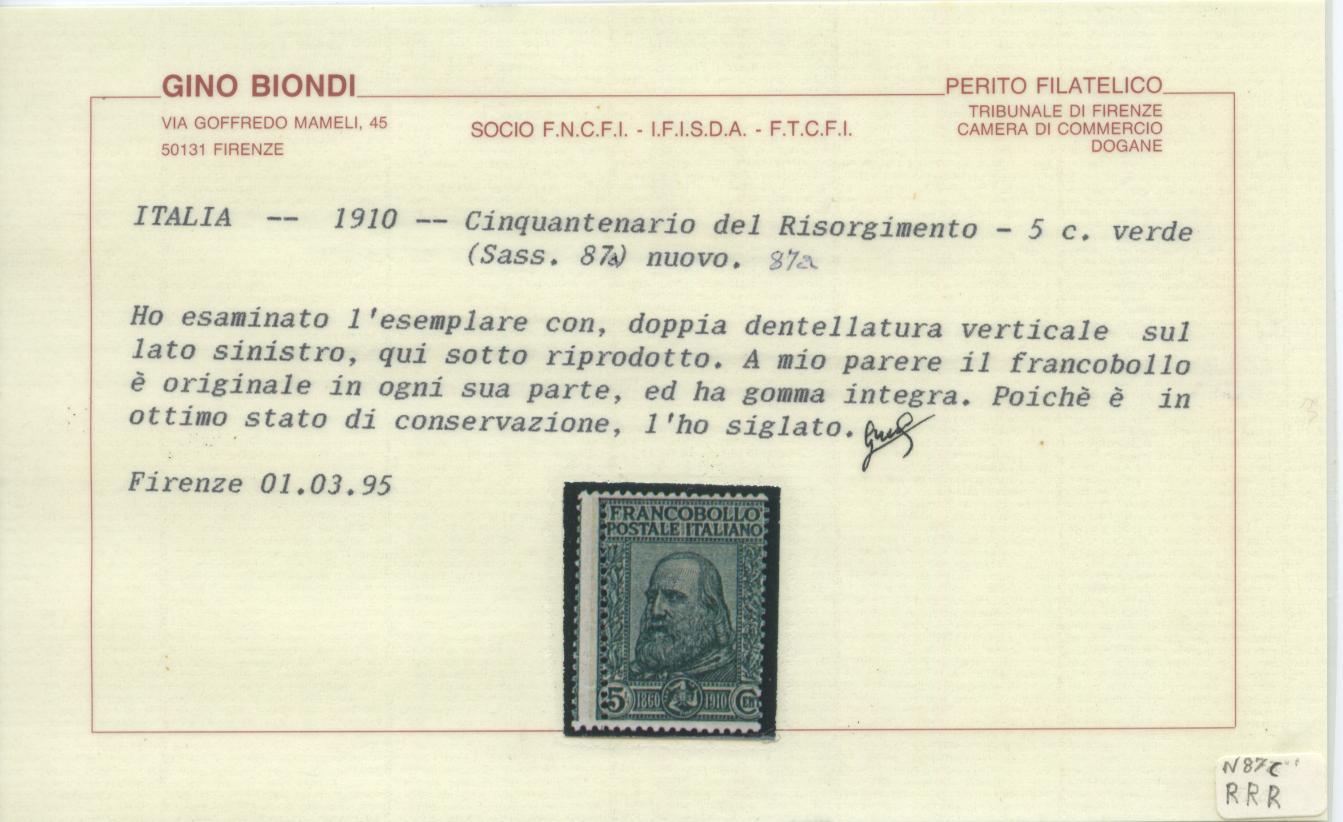 Scansione lotto: REGNO 1910 GARIBALDI C.5+5 VARIETA' **  CERT.