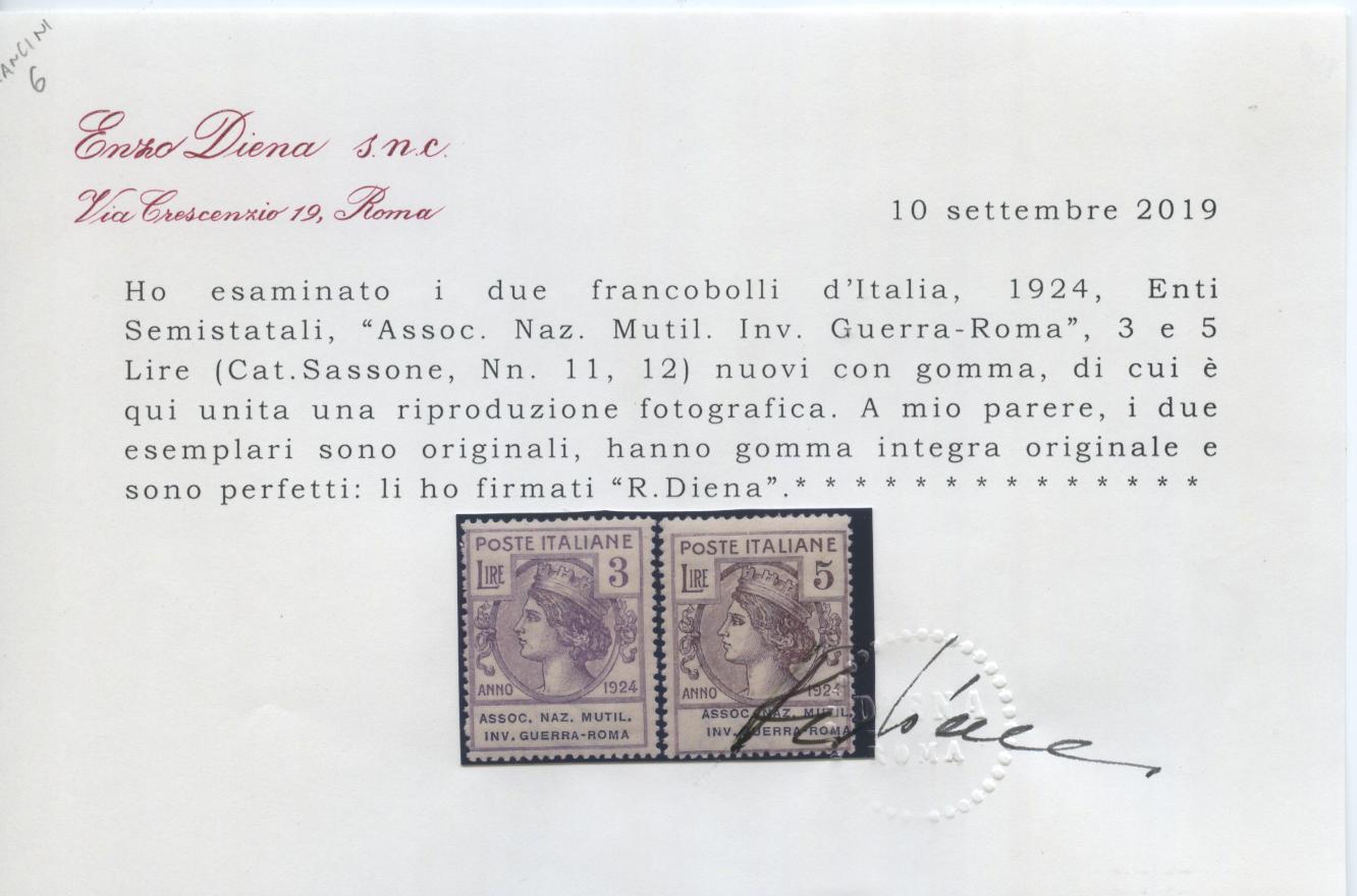 Scansione lotto: REGNO 1924 ENTI ANMIGR 8V. ** CENTRATO CERT.