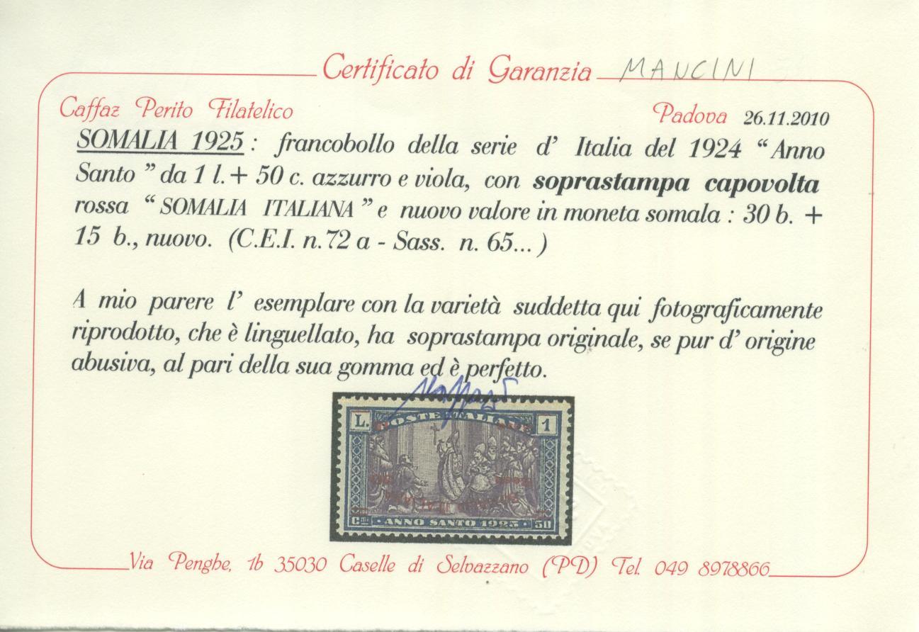 Scansione lotto: COLONIE SOMALIA 1925 N.65 SOVR. CAPOVOLTA *  CERT.