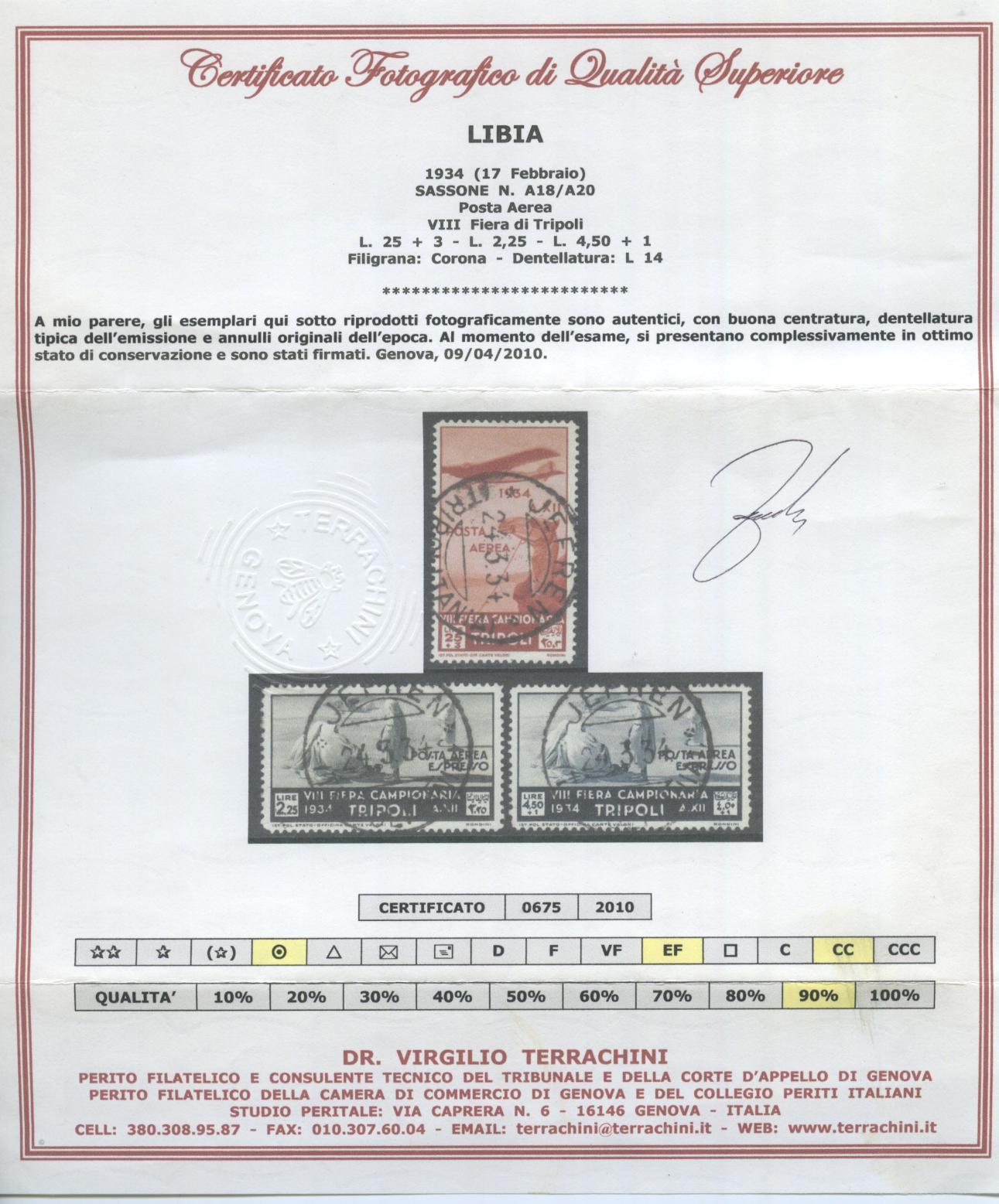 Scansione lotto: COLONIE FIERE DI TRIPOLI 1934 VIII  14V.  US.  CERT.