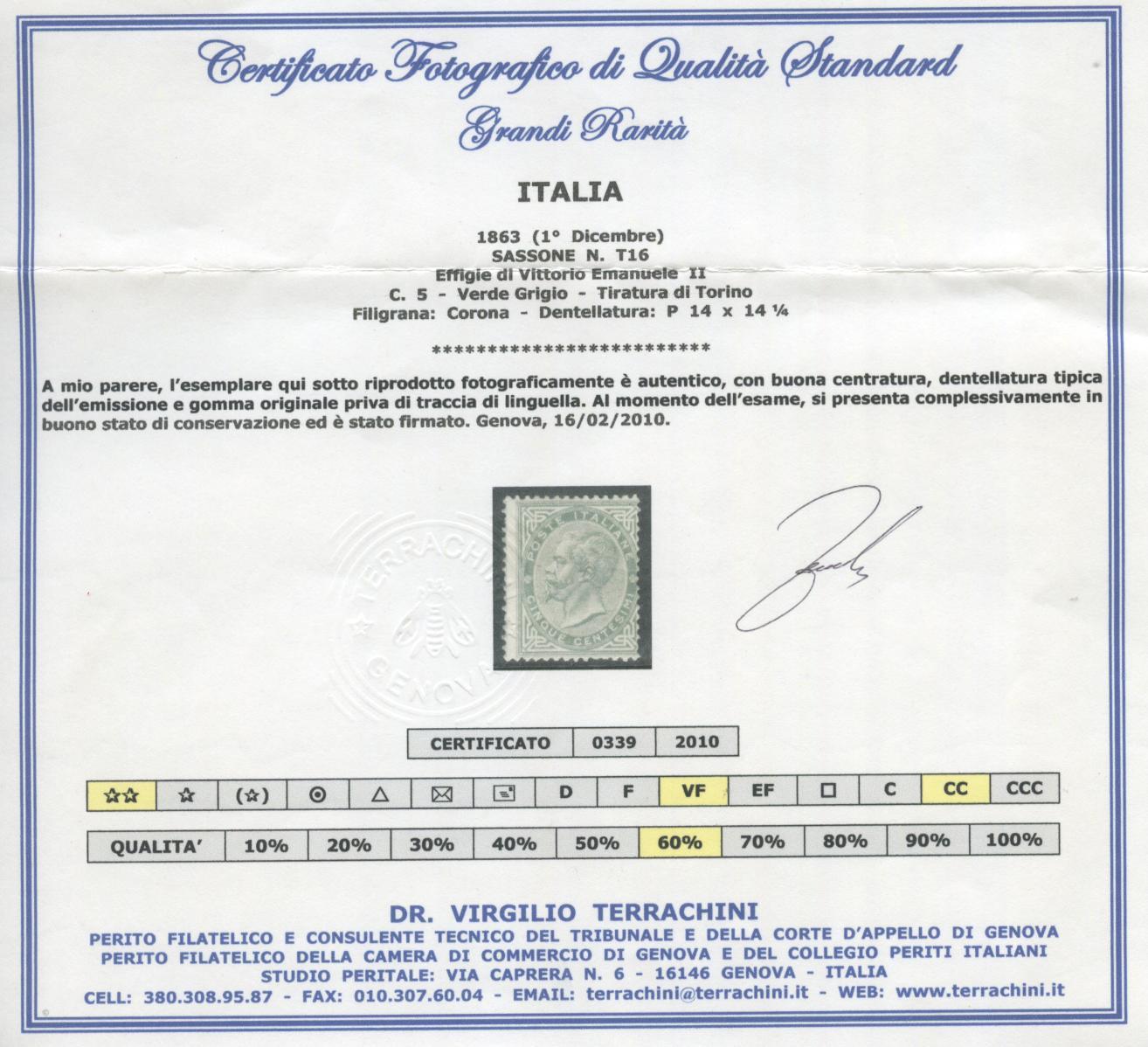 Scansione lotto: REGNO 1863 5C. TORINO **  CERT.