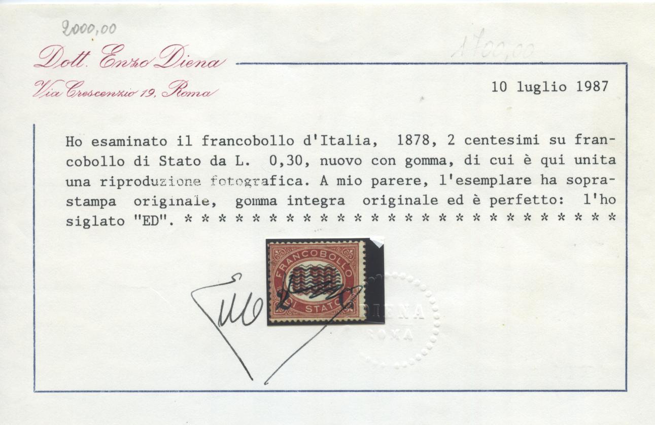 Scansione lotto: REGNO 1878 2C. SU 0,30 5 **  CERT.