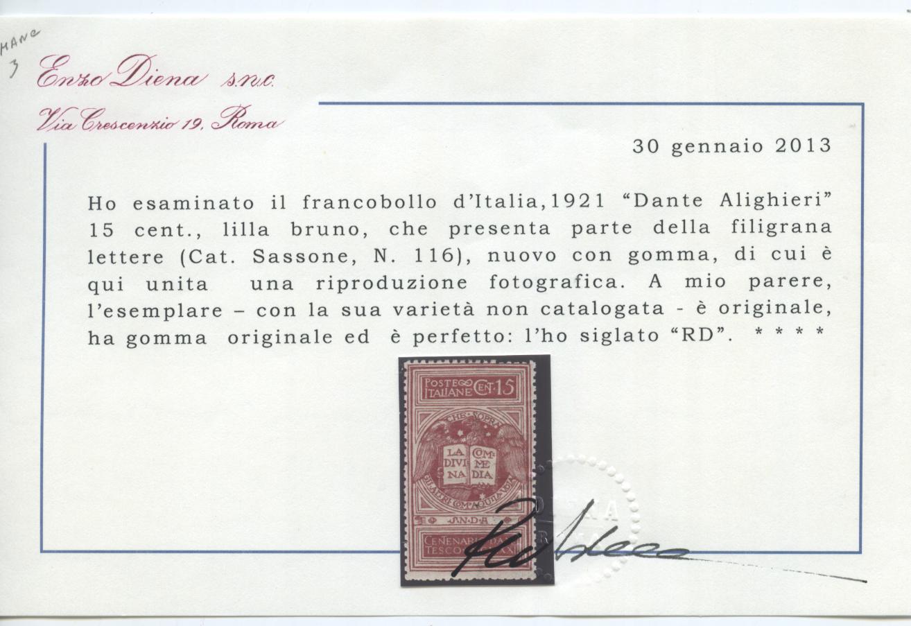 Scansione lotto: REGNO 1921 DANTE 15C. FILIGRANA LETTERA *  CERT.