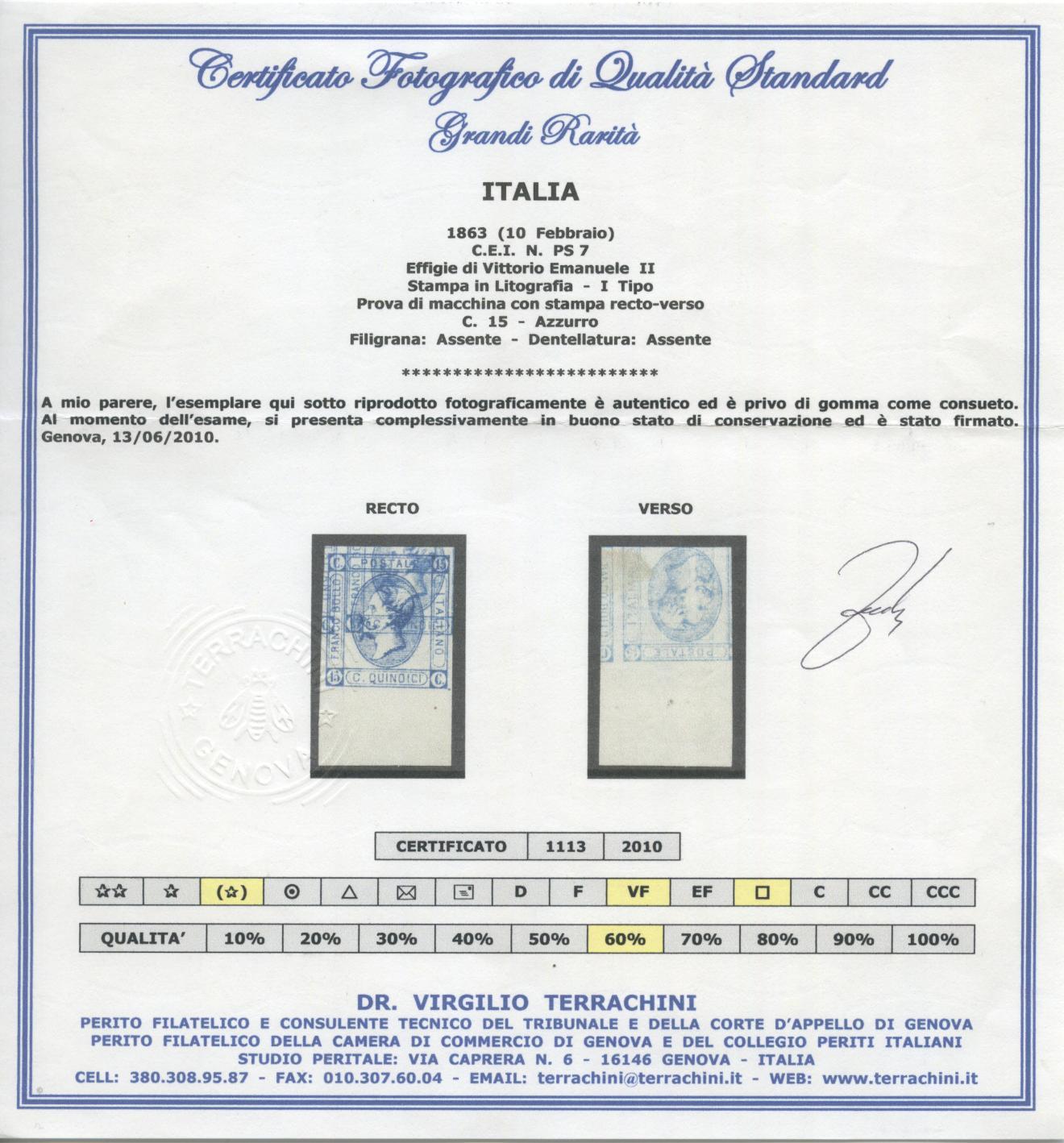 Scansione lotto: REGNO 1863 15C. I TIPO VARIETA' SG LUSSO CERT.