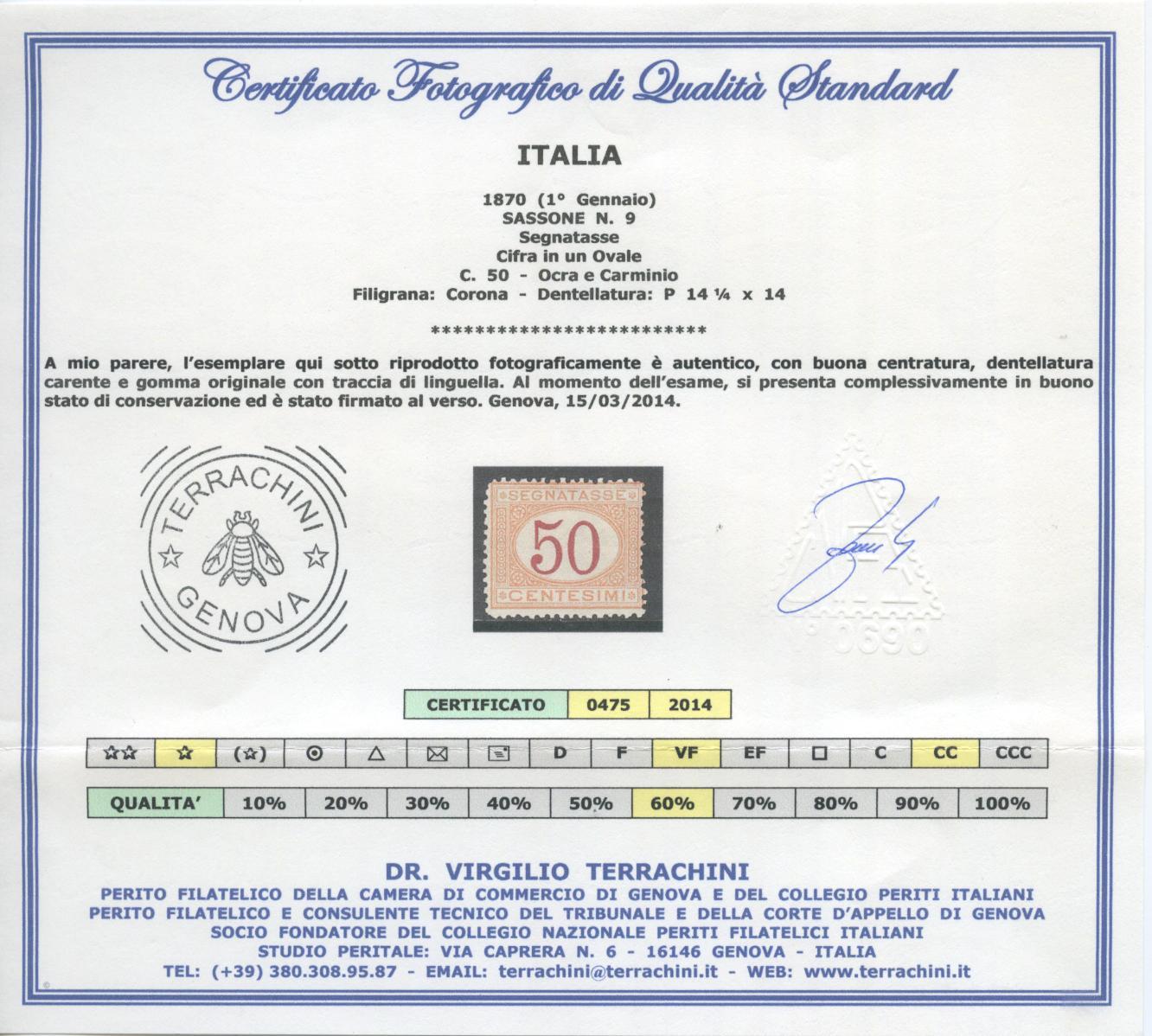 Scansione lotto: REGNO 1870 TASSE C.50 *  CERT.