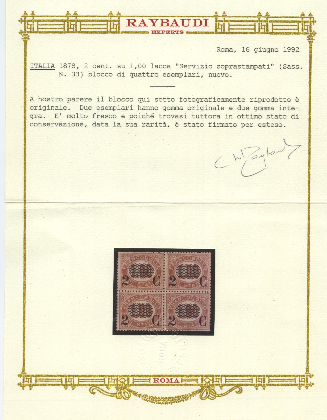 Scansione lotto: REGNO 1878 2C. SU L.1,00 QUARTINA **  CERT.