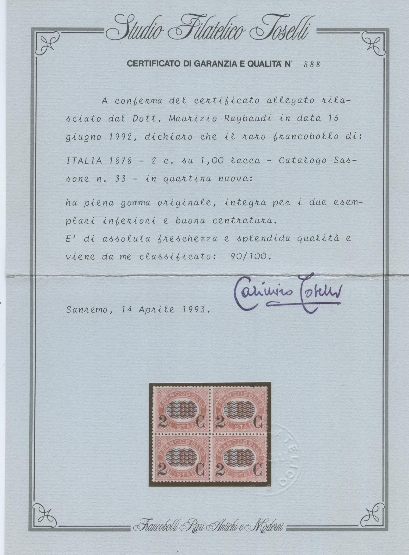 Scansione lotto: REGNO 1878 2C. SU L.1,00 QUARTINA **  CERT.