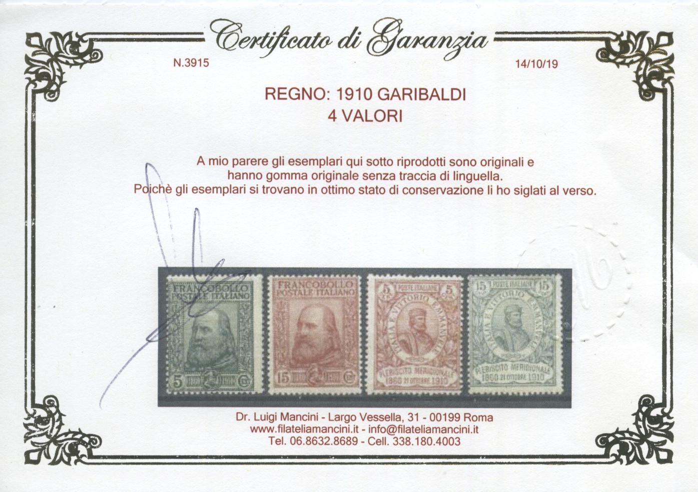 Scansione lotto: REGNO 1910 GARIBALDI 4V. 10 **  CERT.