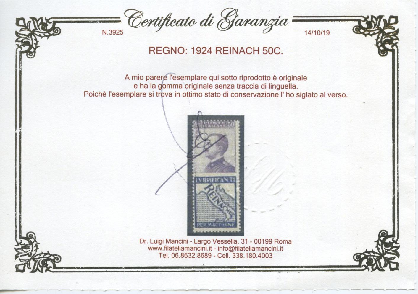 Scansione lotto: REGNO 1924 50C. REINACH 6 **  CERT.