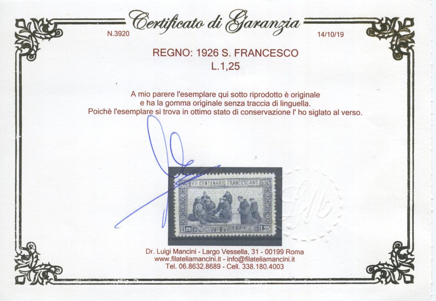 Scansione lotto: REGNO 1926 S. FRANCESCO RARO 4 ** CENTRATO CERT.