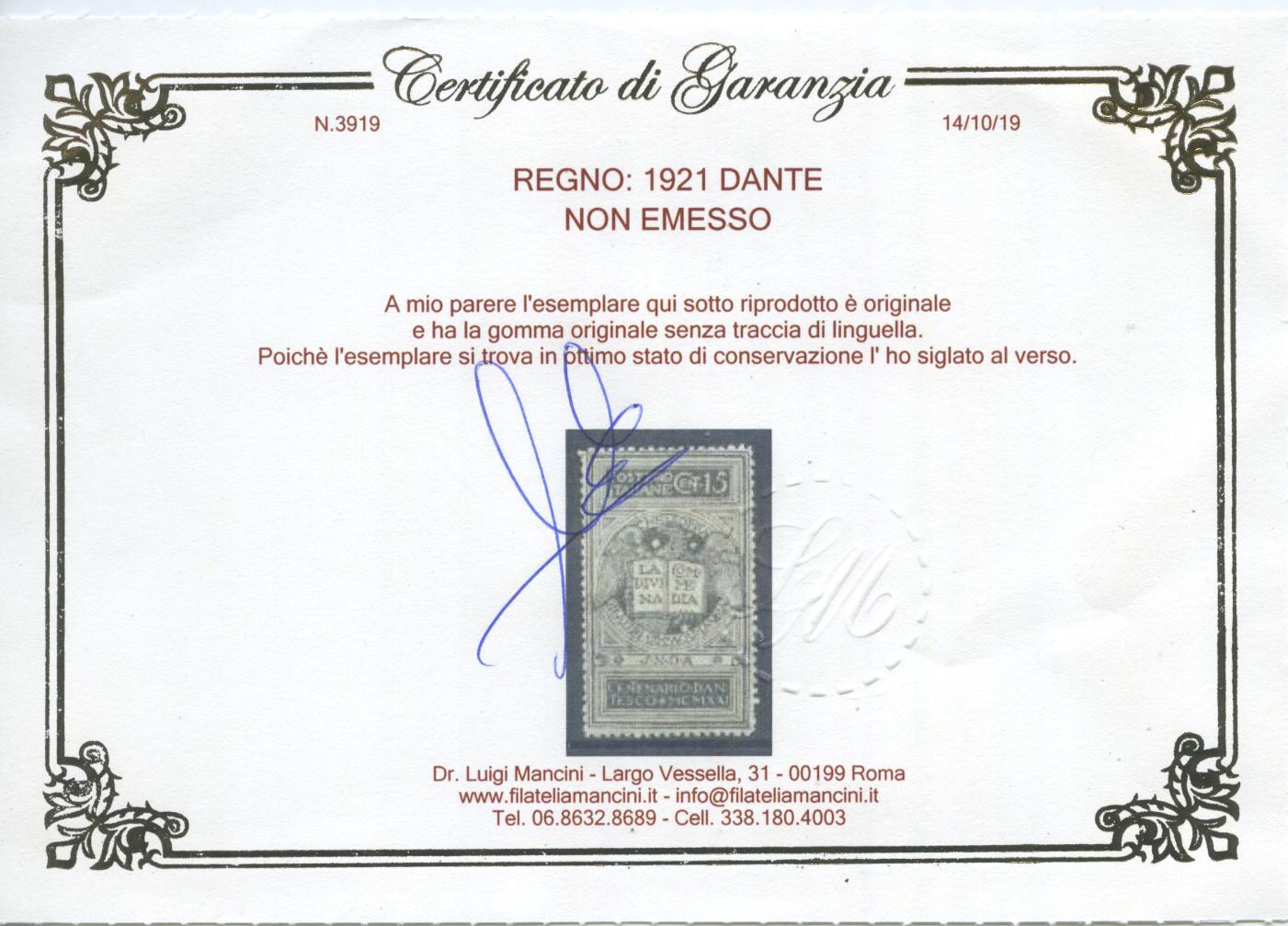 Scansione lotto: REGNO 1921 DANTE NON EMESSO 2 ** LUSSO CERT.