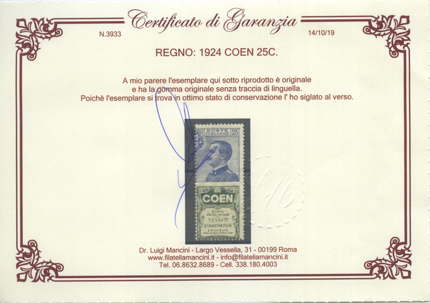 Scansione lotto: REGNO 1924 25C. COEN 4 **  CERT.