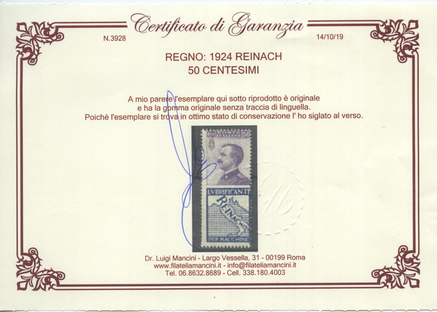 Scansione lotto: REGNO 1924 50C. REINACH 3 **  CERT.