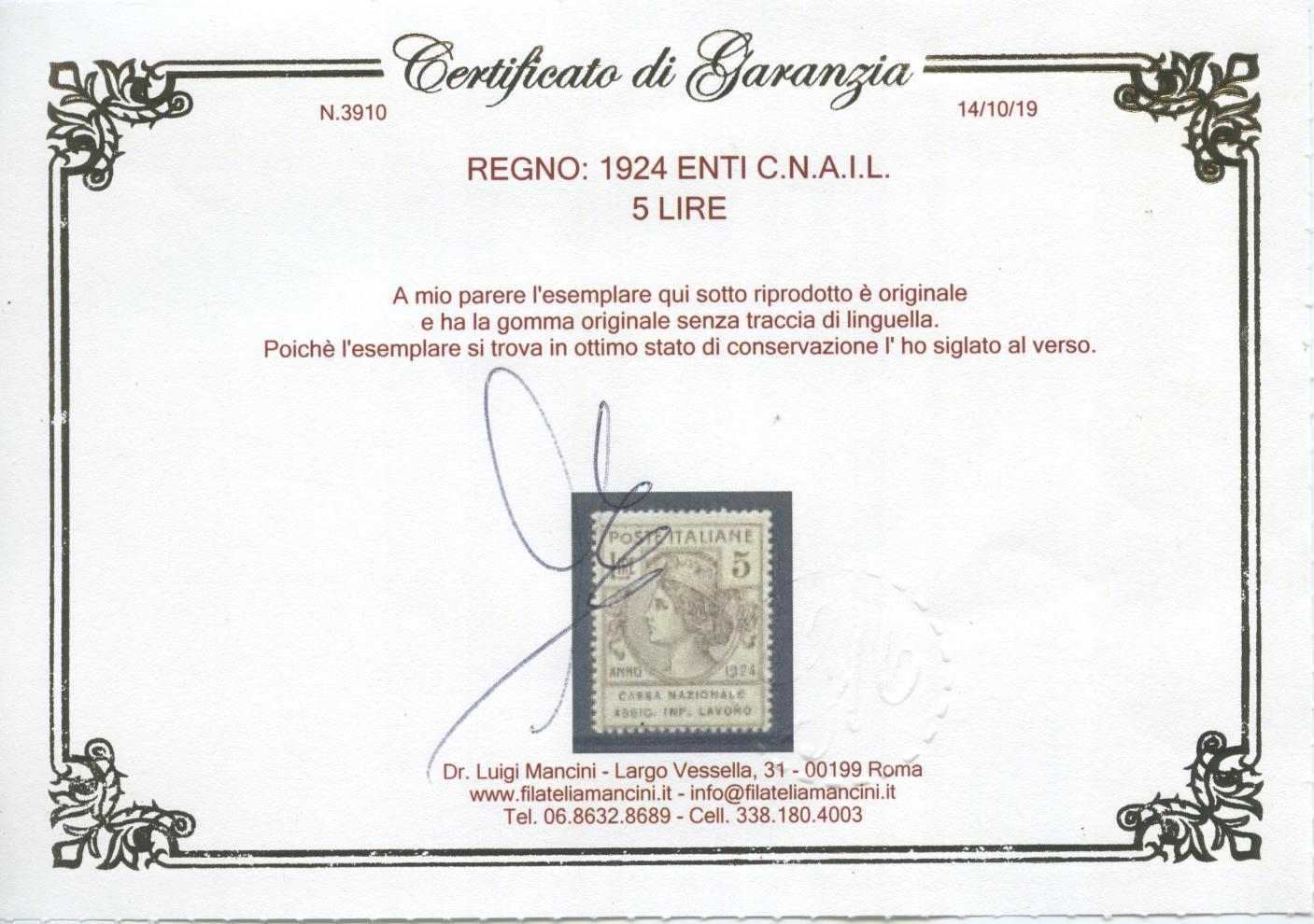 Scansione lotto: REGNO 1924 ENTI C.N.A.I.L. 7V. 4 **  CERT.