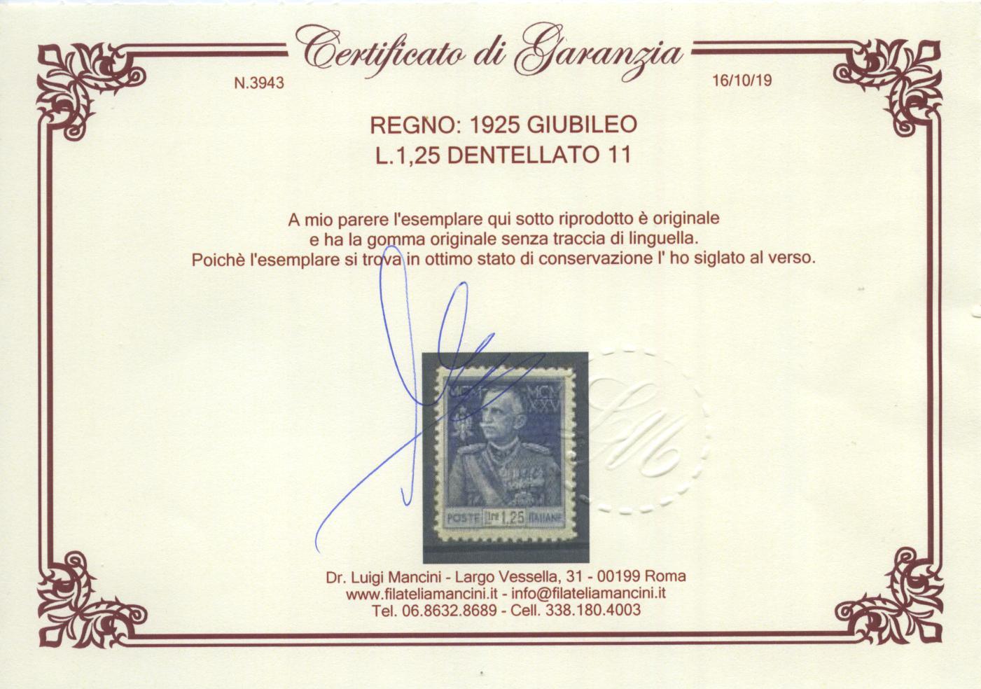 Scansione lotto: REGNO 1925 GIUBILEO L.1,25 dent.11 2 ** LUSSO CERT.