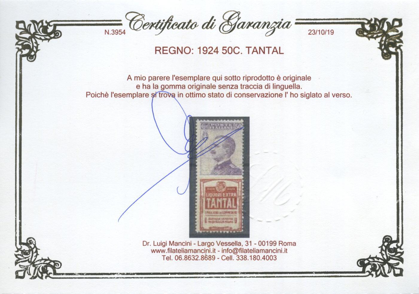 Scansione lotto: REGNO 1924 50C. TANTAL 5 **  CERT.