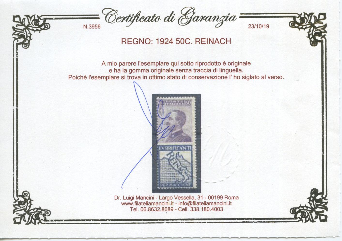 Scansione lotto: REGNO 1924 50C. REINACH 7 **  CERT.