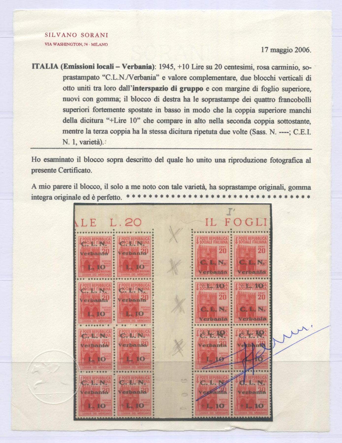 Scansione lotto: ITALIA EMISSIONI LOC 1945 VERBANIA X16 **  CERT.