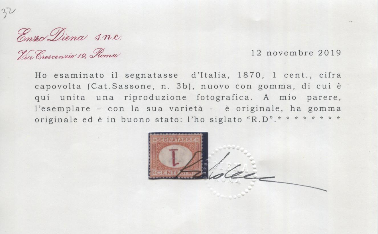 Scansione lotto: REGNO 1870 TASSE C.1 ROVESCIATO 2 **  CERT.