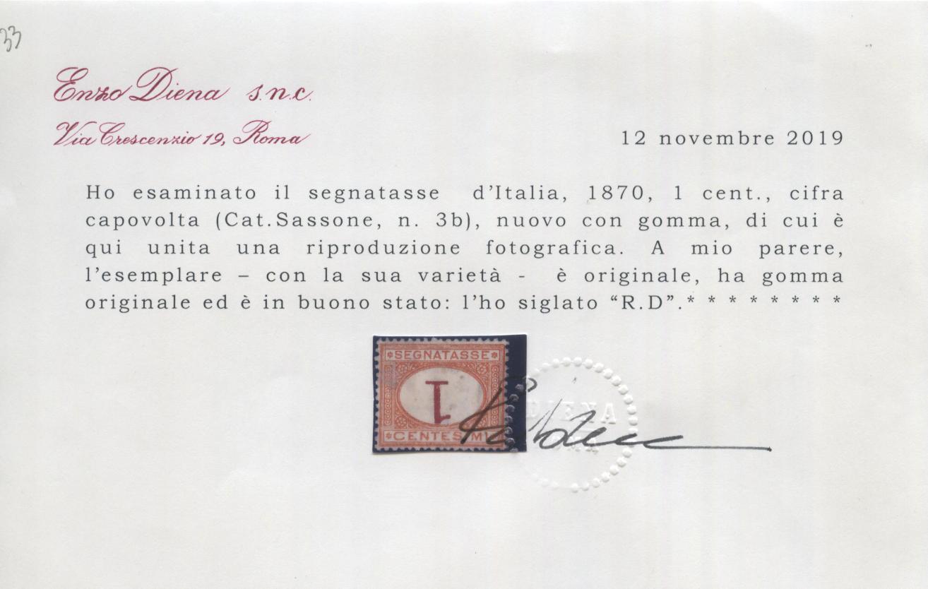 Scansione lotto: REGNO 1870 TASSE C.1 ROVESCIATO *  CERT.