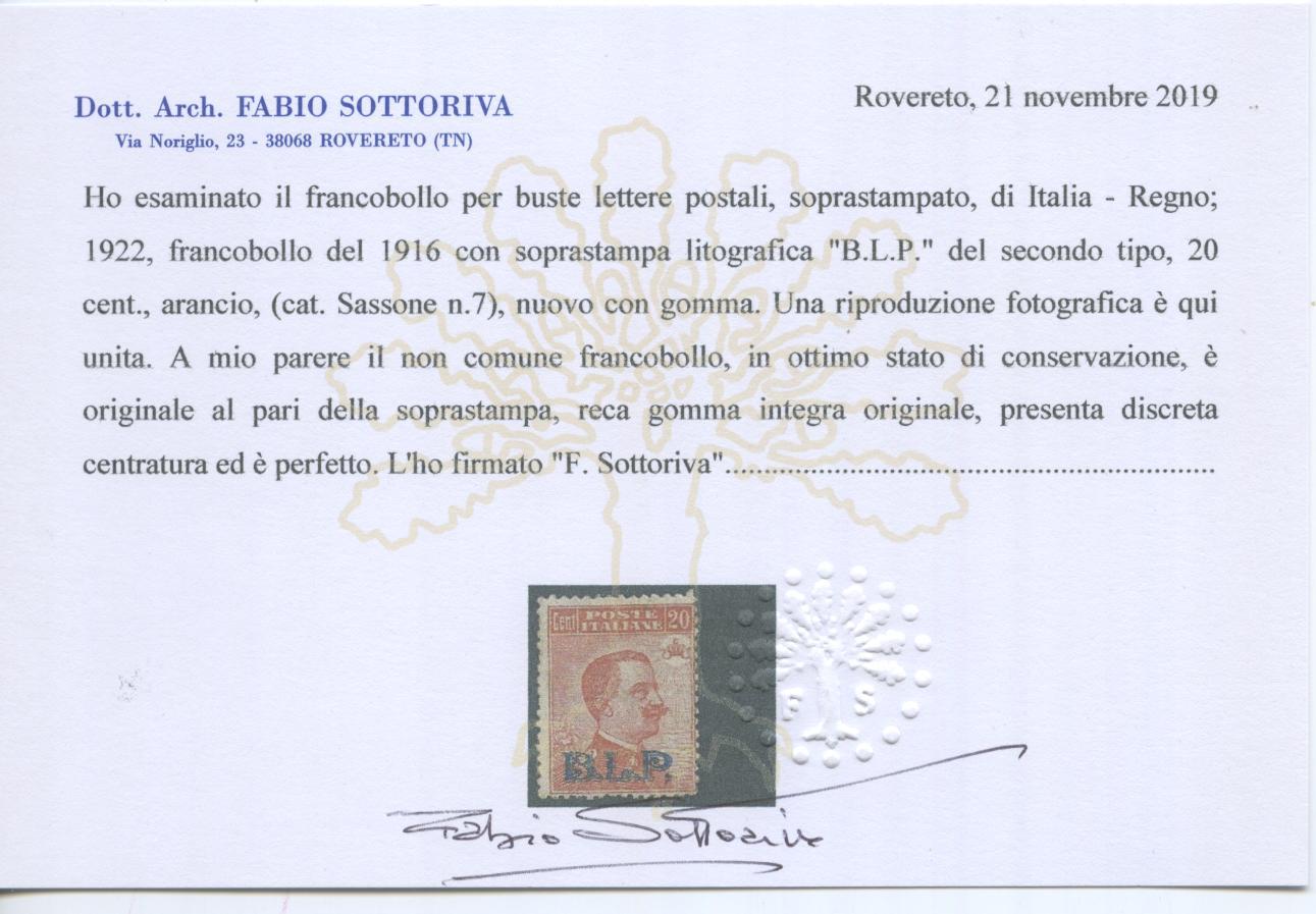 Scansione lotto: REGNO 1922 BLP 20C. II TIPO 3 **  CERT.