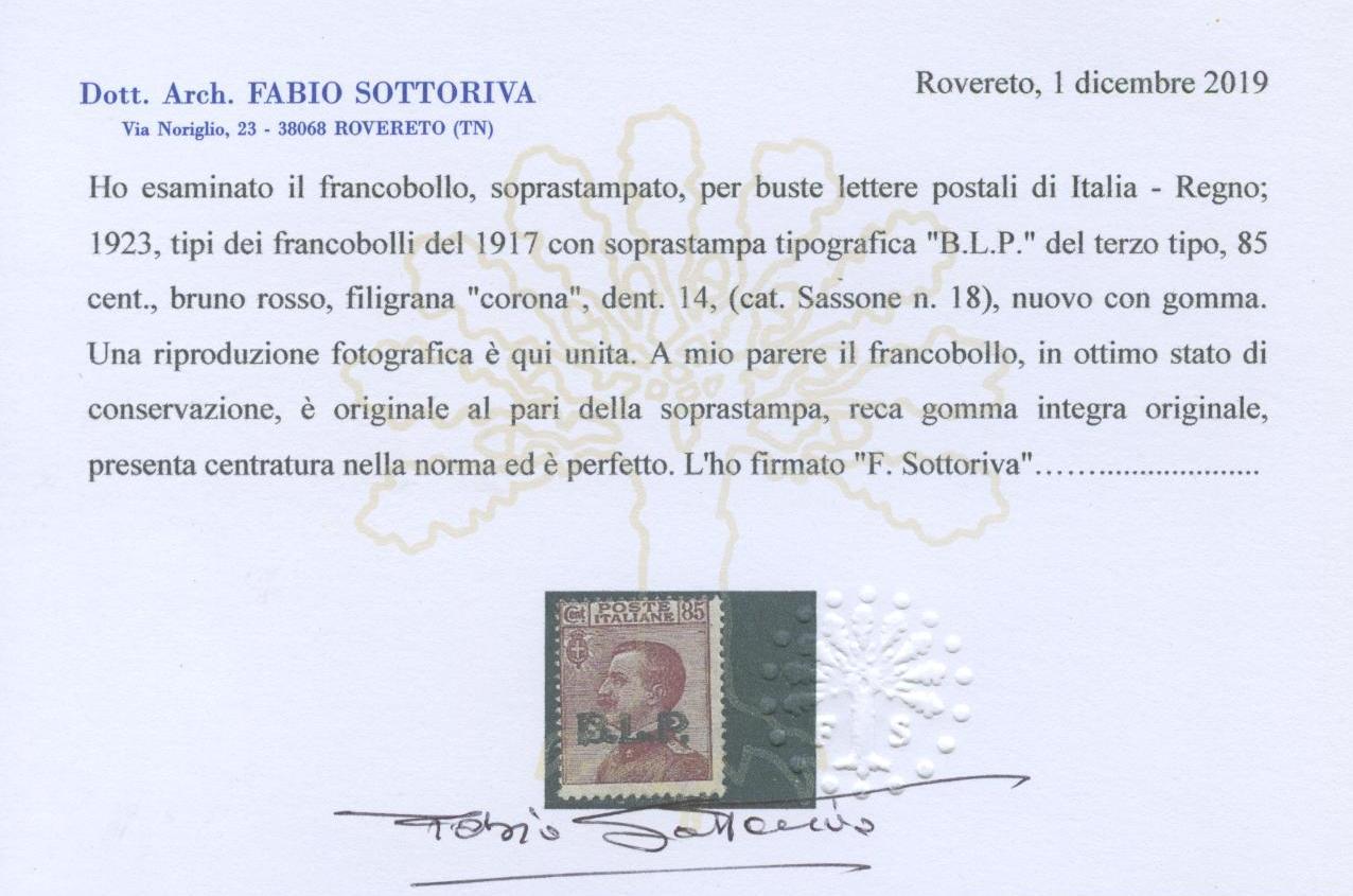 Scansione lotto: REGNO 1923 BLP 85C. III TIPO **  CERT.