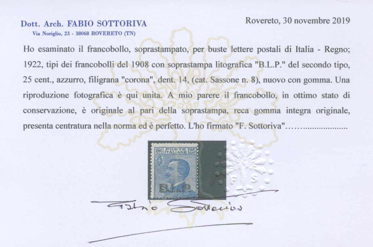 Scansione lotto: REGNO 1922 BLP 25C. II TIPO 3 **  CERT.