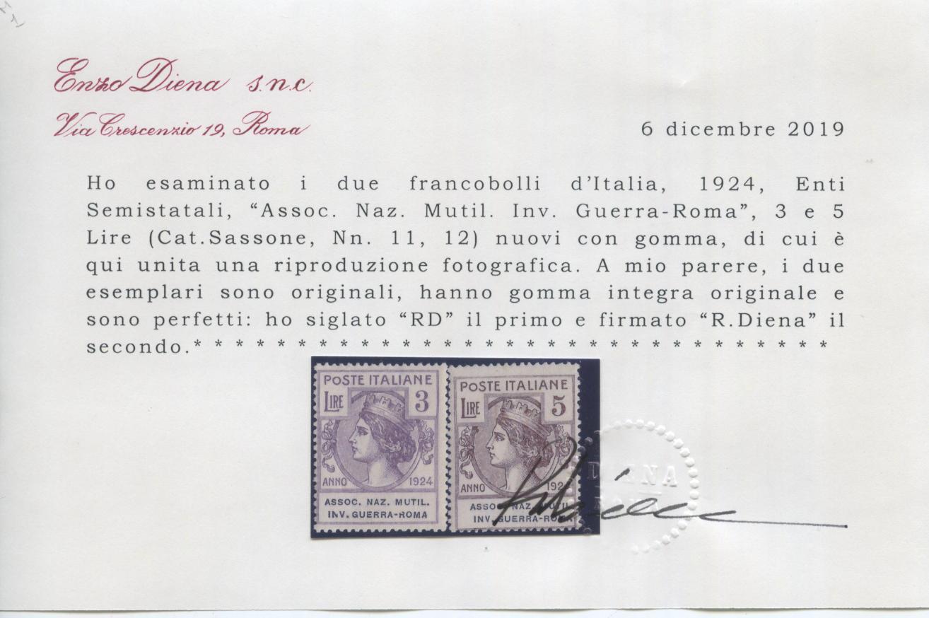 Scansione lotto: REGNO 1924 ENTI ANMIGR 8V. 2 ** CENTRATO CERT.