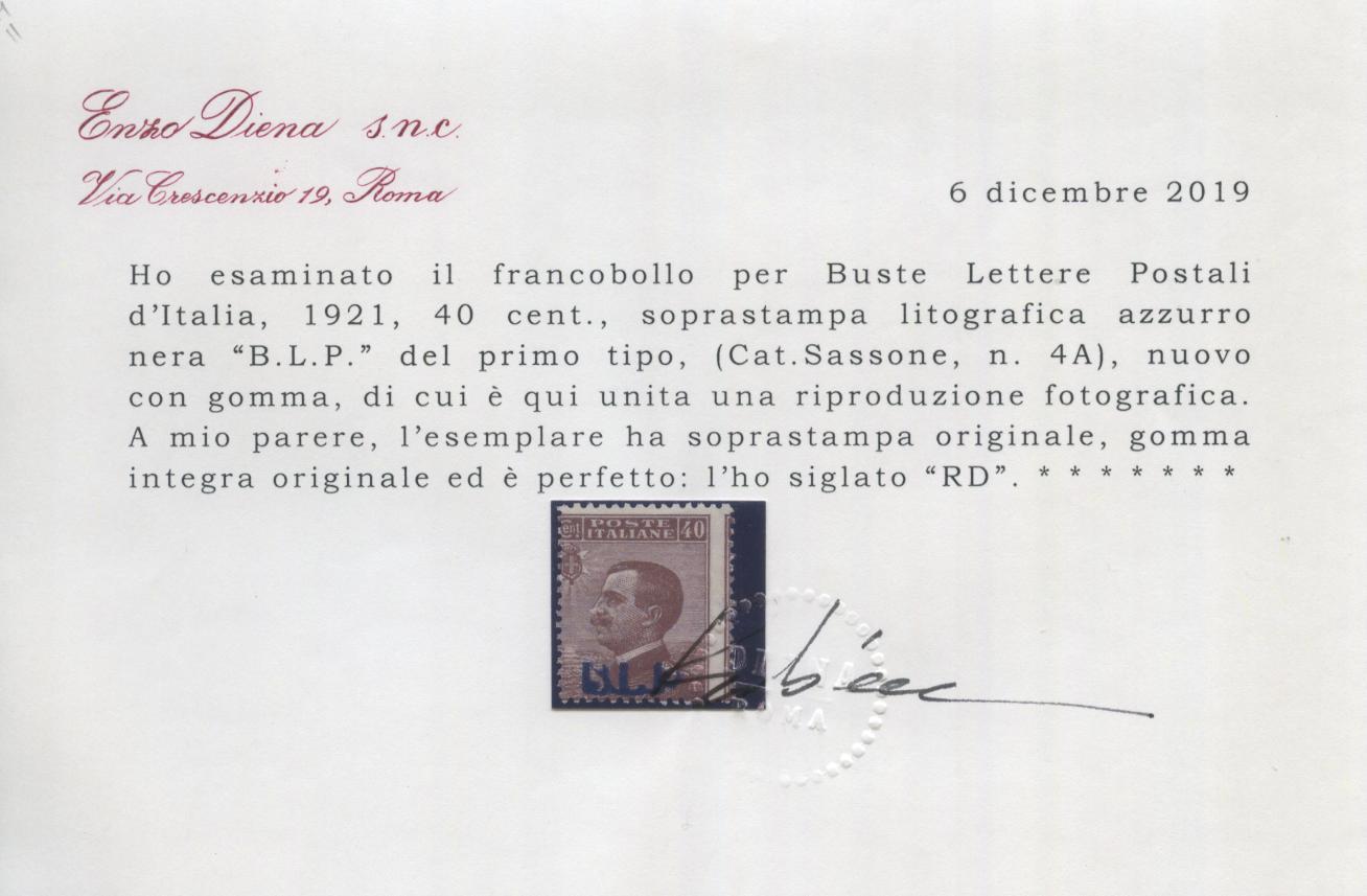 Scansione lotto: REGNO 1921 BLP 40C. I TIPO N.4A **  CERT.