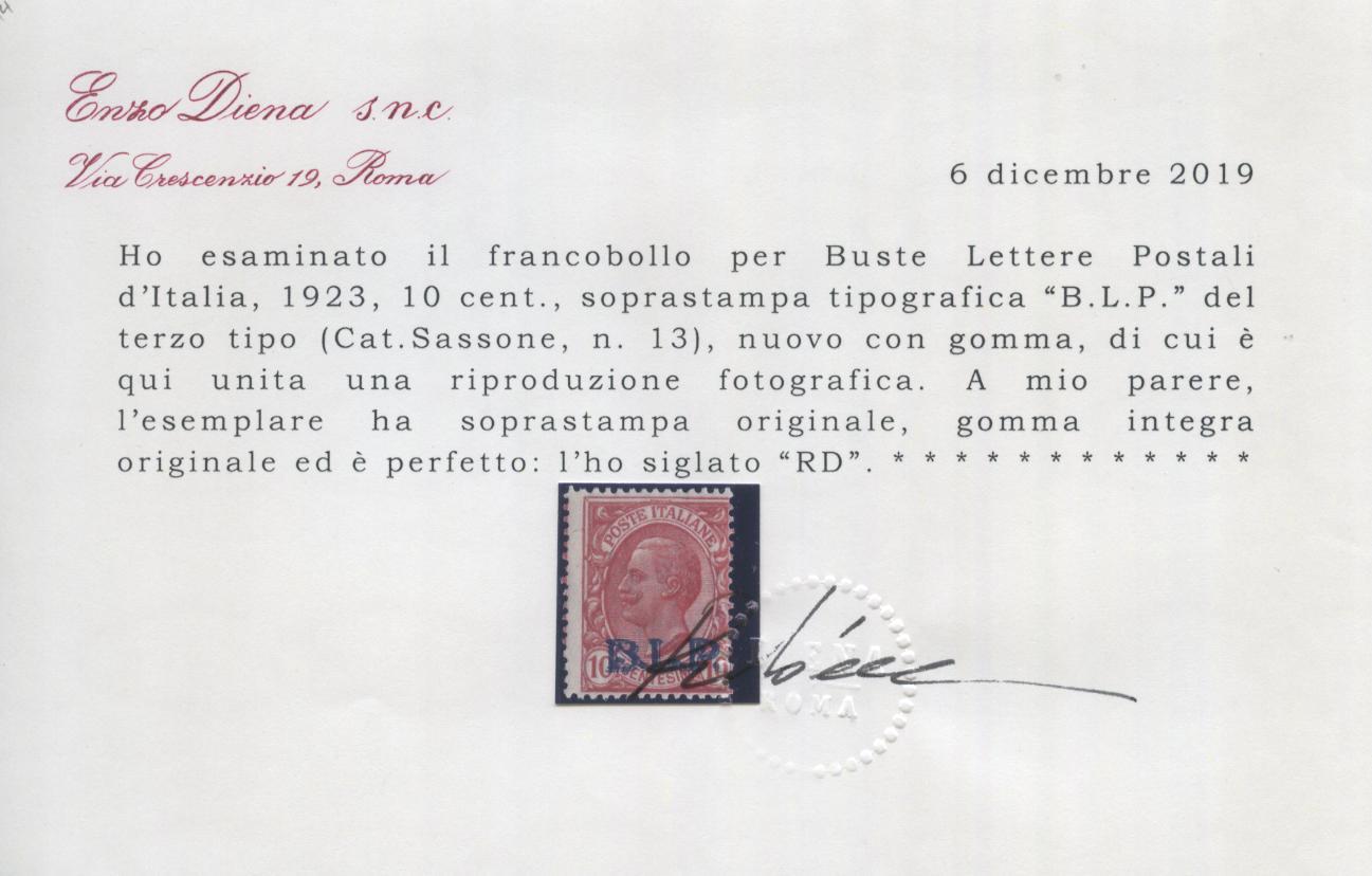 Scansione lotto: REGNO 1923 BLP 10C. III TIPO 2 **  CERT.