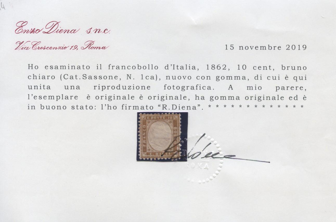 Scansione lotto: REGNO 1862 10C. BRUNO CHIARO N.1ca *  CERT.