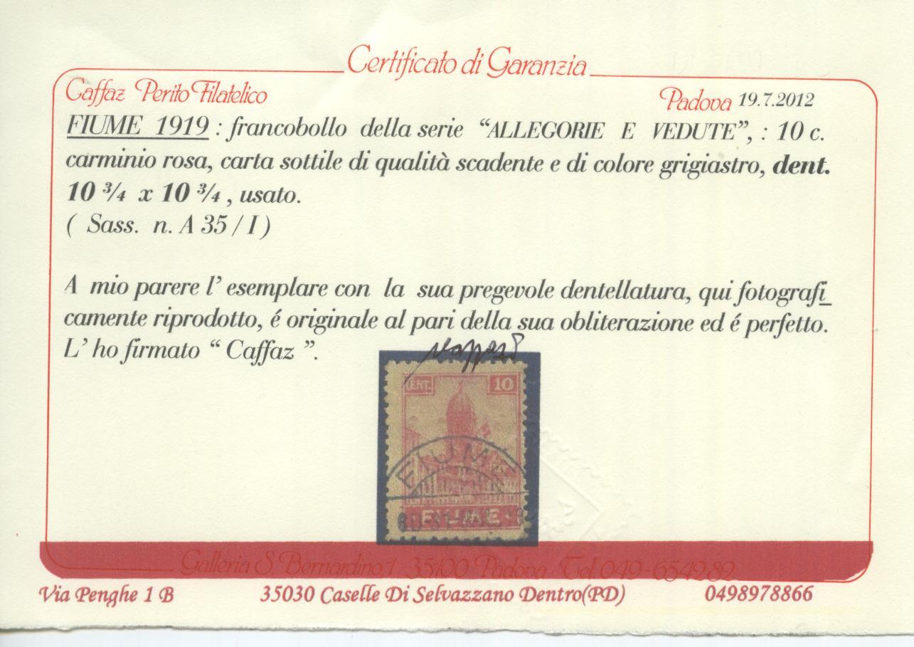 Scansione lotto: OCCUPAZIONI FIUME 1919 10C. VARIETA' UNICA US.  CERT.