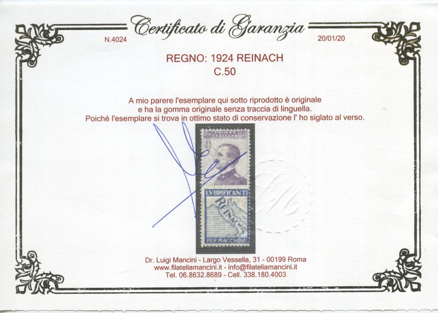 Scansione lotto: REGNO 1924 50C. REINACH **  CERT.