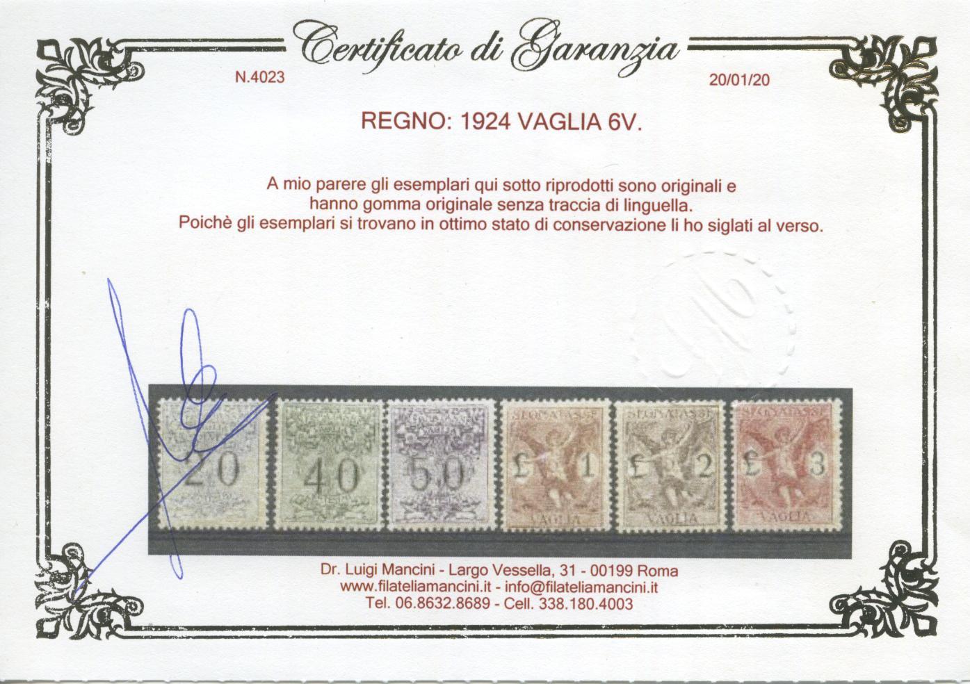 Scansione lotto: REGNO 1924 VAGLIA 6V. 3 ** CENTRATO CERT.