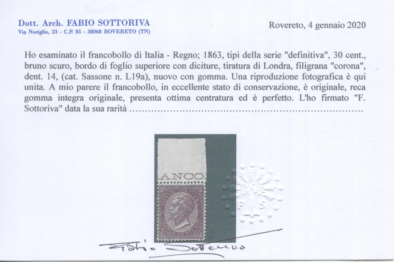 Scansione lotto: REGNO 1863 30C. LONDRA 2 ** LUSSO CERT.