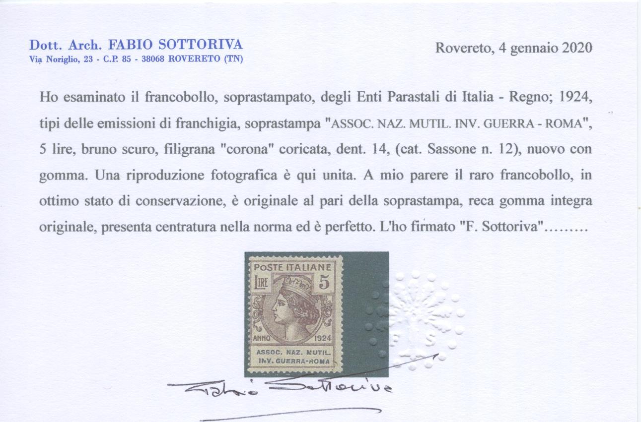 Scansione lotto: REGNO 1924 ENTI ANMIGR L.5 4 **  CERT.