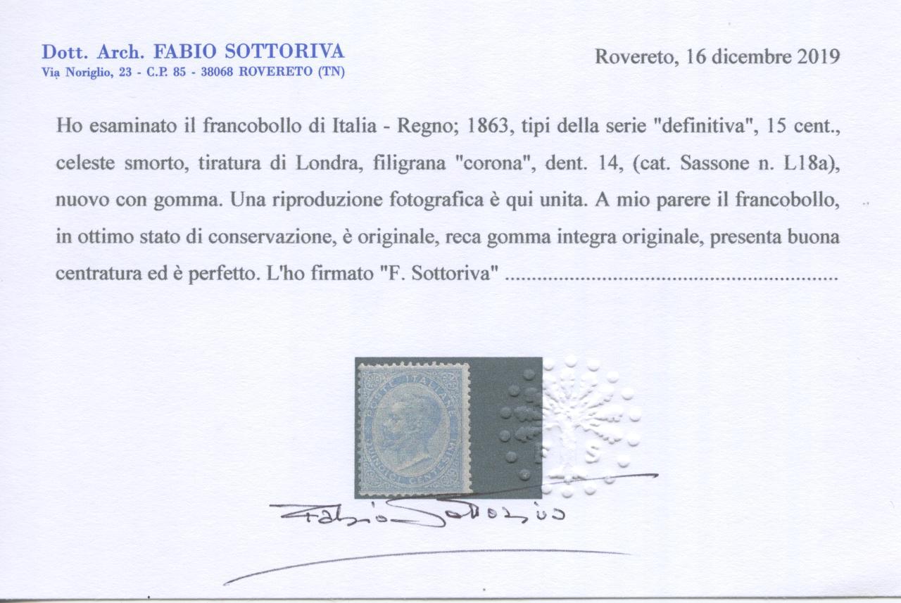 Scansione lotto: REGNO 1863 15C. CELESTE CHIARO 3 **  CERT.