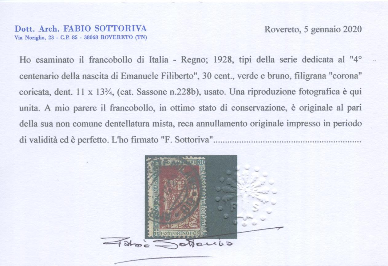 Scansione lotto: REGNO 1928 FILIBERTO 30C. 11X13,3/4 US.  CERT.