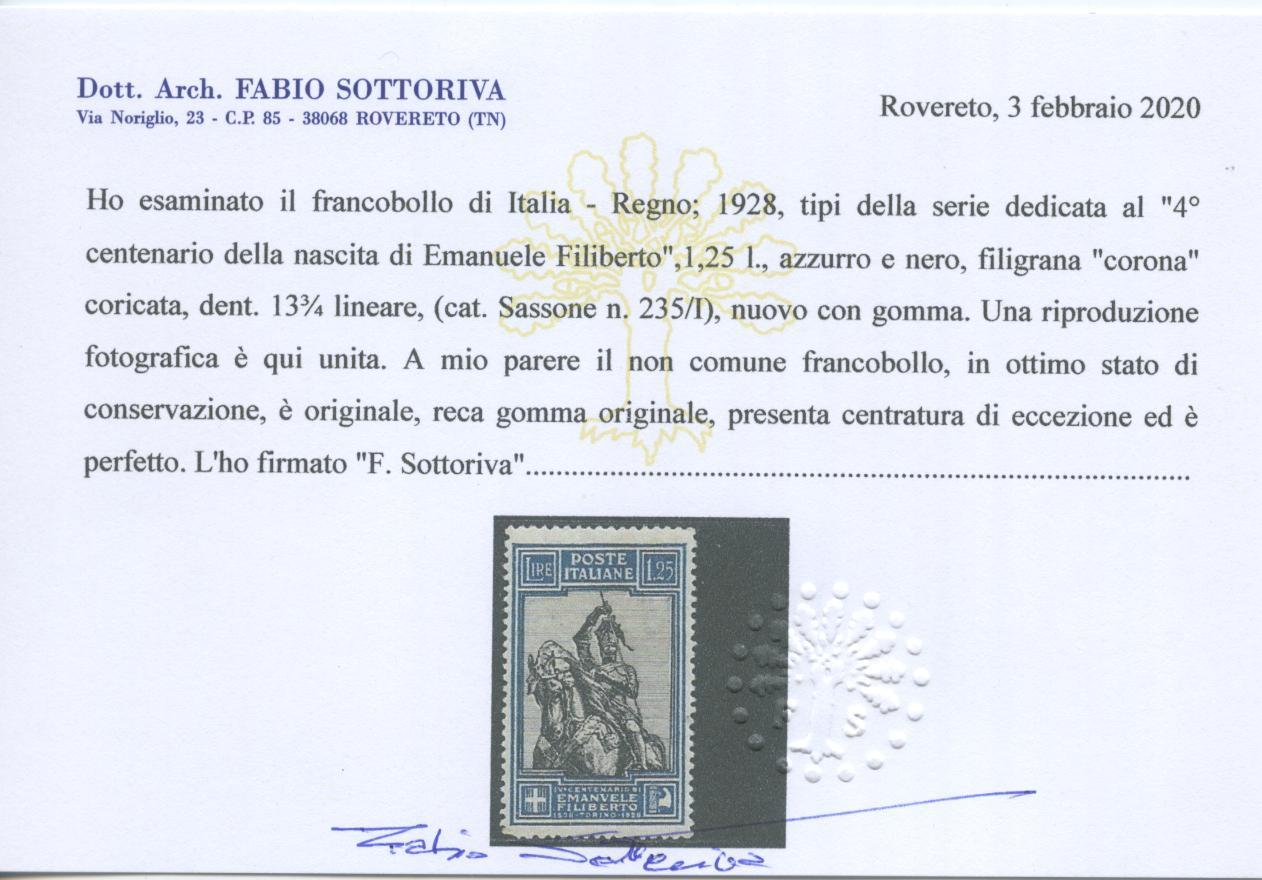 Scansione lotto: REGNO 1928 FILIBERTO L.1,25 RARO *  CERT.