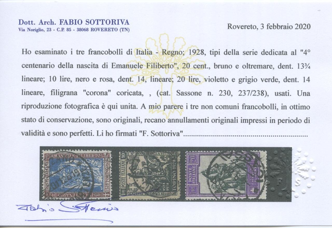 Scansione lotto: REGNO 1928 FILIBERTO 13V. US.  CERT.