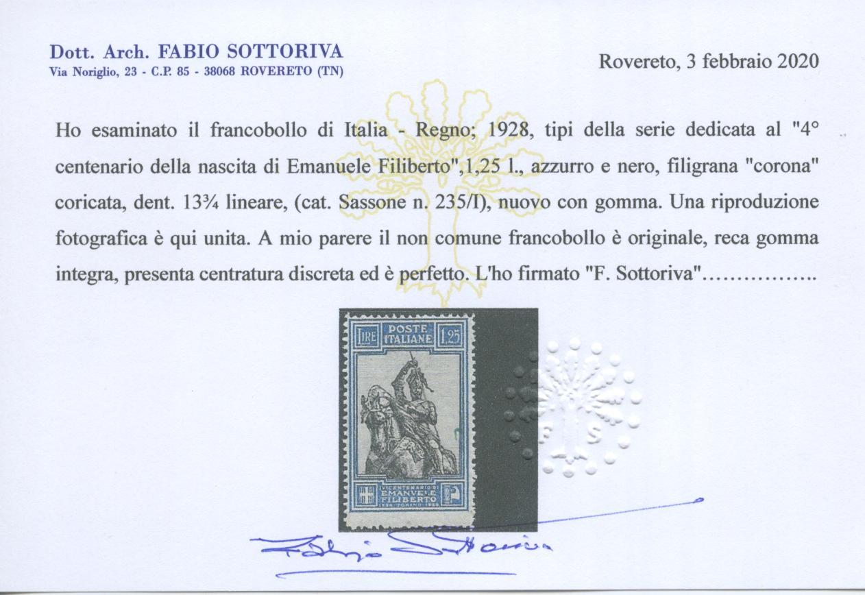 Scansione lotto: REGNO 1928 FILIBERTO L.1,25 RARO 4 **  CERT.