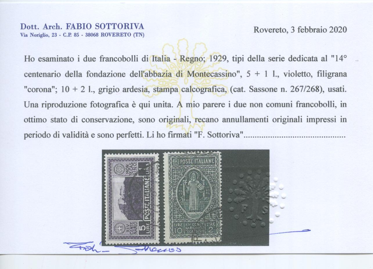 Scansione lotto: REGNO 1929 MONTECASSINO 7V.(originale) 2 US.  CERT.