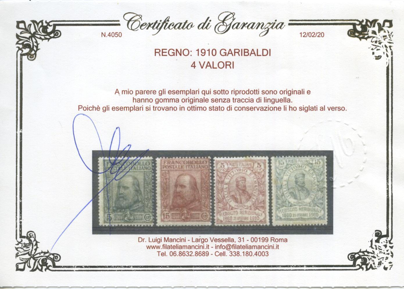 Scansione lotto: REGNO 1910 GARIBALDI 4V. **  CERT.