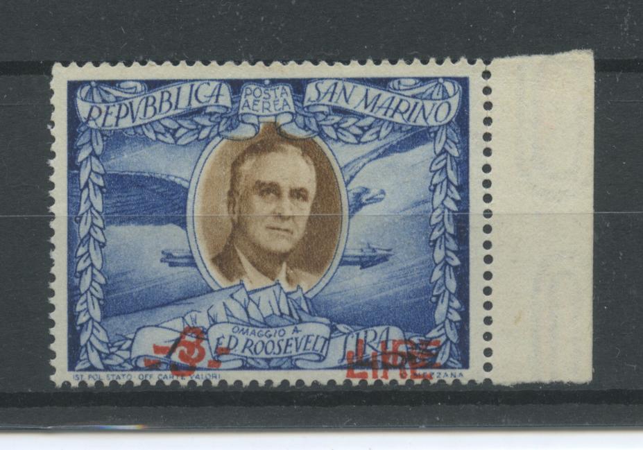 Scansione lotto: SAN MARINO 1947 ROOSEVELT N.69 VARIETA' 2 **  CERT.